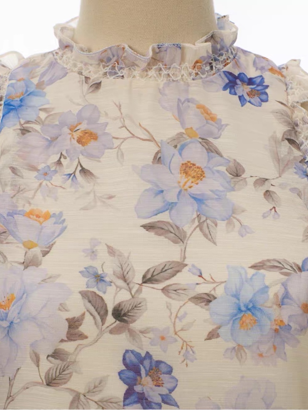 Designer-style Sleeveless Floral Ruffle Mini Dress in Ivory and Light Blue - Picture 7 of 12